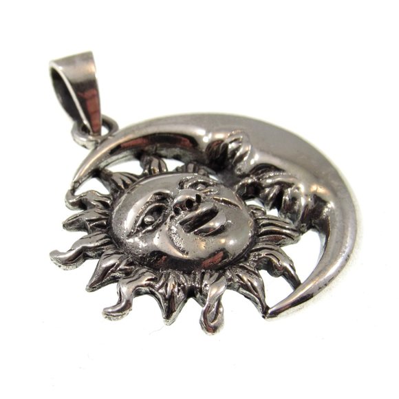 Solid 925 Sterling Silver Sun and Crescent Moon Faces Pendant, Cosmic Amulet - Picture 6 of 8